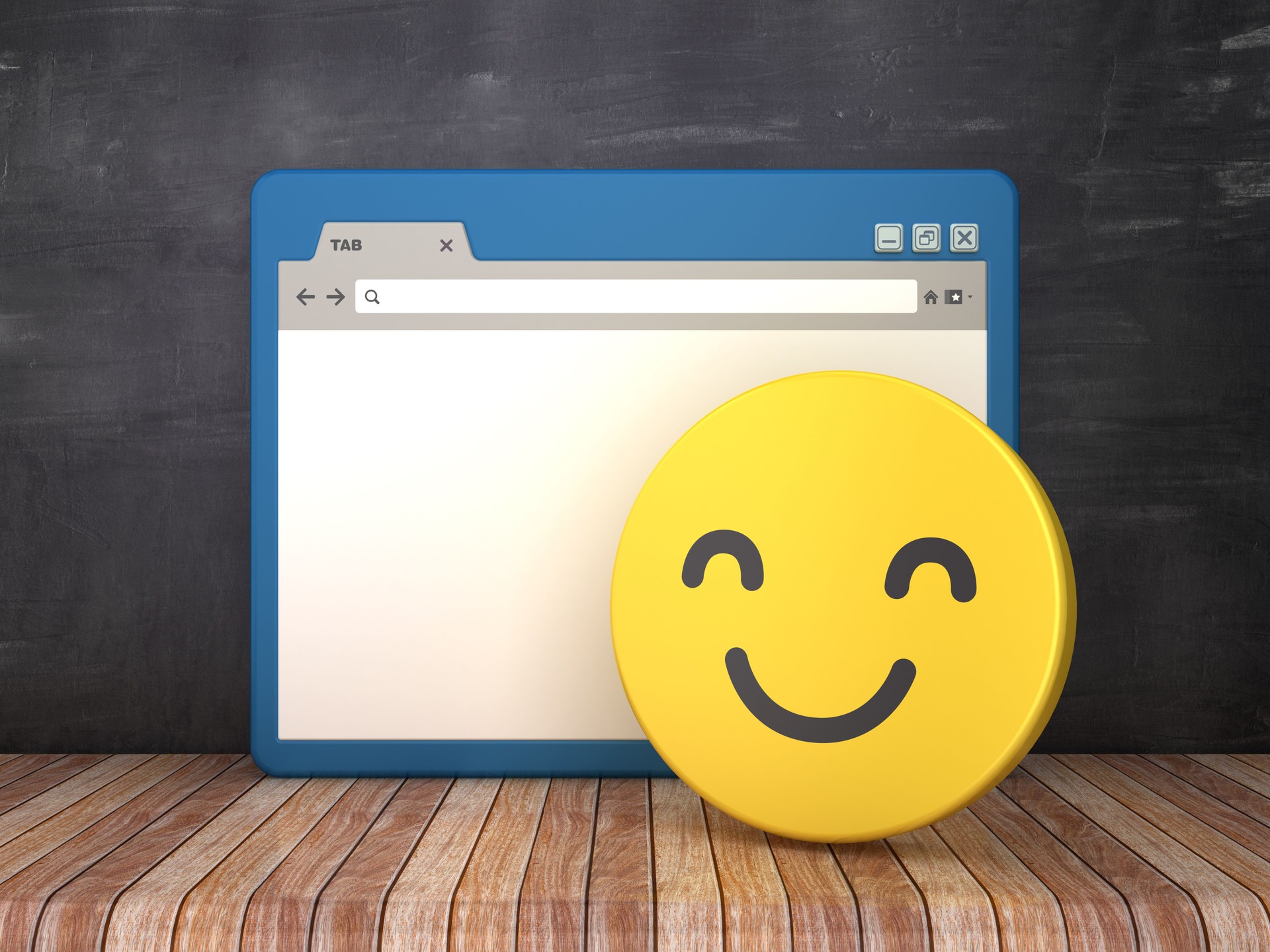 Web Browser with Smile Emoticon on Chalkboard Background  - 3D Rendering